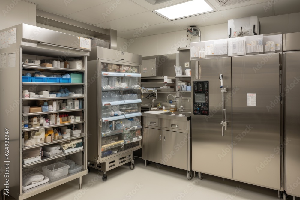 Sticker refrigerator and freezer in medical facility, with equipment and supplies for surgeries on display, created with generative ai