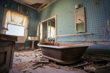 wide angle shot of bathtub ring stain in bathroom, created with generative ai