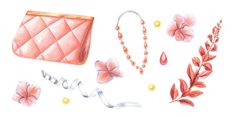 Set of female accessories, flowers, white satin ribbon. Clutch, pearl jewelry among hydrangea flowers, abstract plants. Watercolor illustration isolated on transparent background. For wedding design