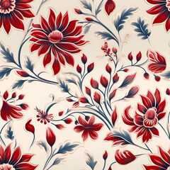 Vintage seamless pattern. Blooming red summer flowers on white background. Generative AI.