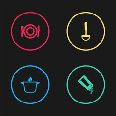 Set line Cooking pot, Salt and pepper, Kitchen ladle and Plate, fork knife icon. Vector