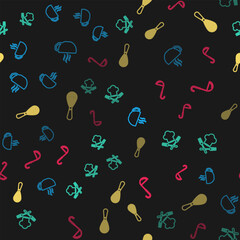 Set line Coffee cup, Chef hat and fork, Kitchen whisk and ladle on seamless pattern. Vector