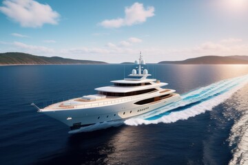 Fototapeta premium White yacht deck sailing on sea waves on sunny day. Sea voyage on luxury yacht. Clear blue sky above horizon. Concept of success, travel cruise, lifestyle, freedom. No people. Generative AI