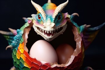 small dragon peeking out of a colorful eggshell, created with generative ai
