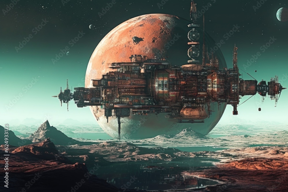 Wall mural abandoned space station orbiting a distant planet, created with generative ai