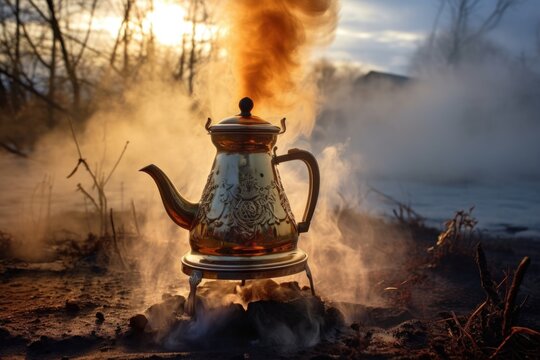 smoke and steam rising from cowboy coffee pot on fire, created with generative ai