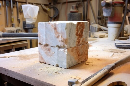 marble block ready for sculpting on a workshop table, created with generative ai