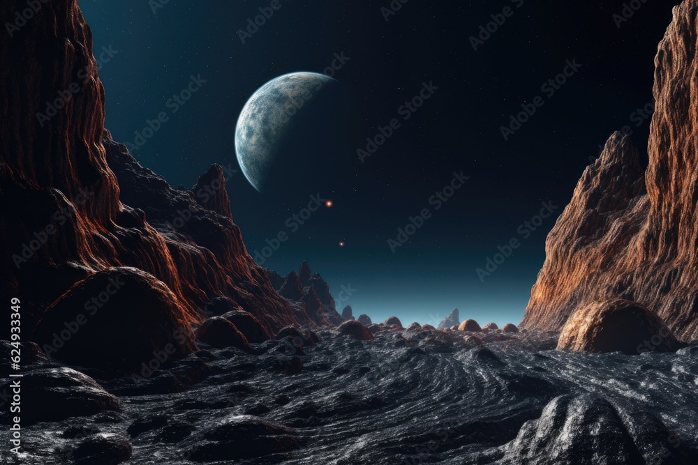 Wall mural shadowy asteroid surface with illuminated ridges, created with generative ai