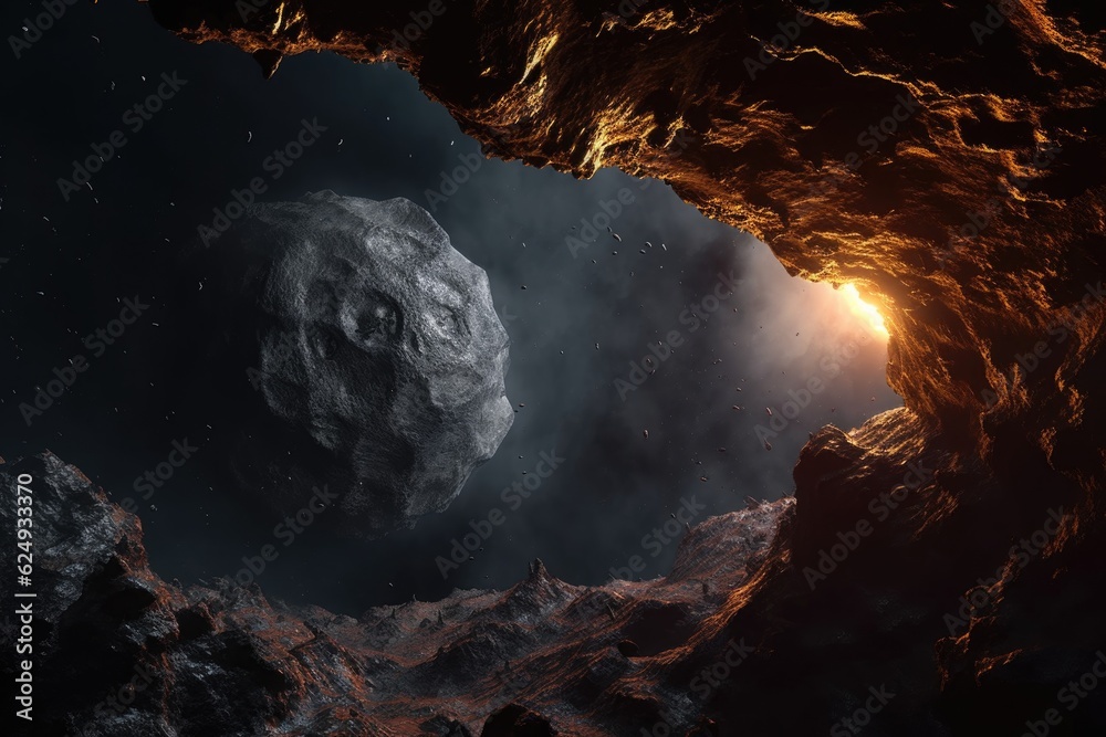 Wall mural dramatic lighting on asteroid highlighting deep shadows and texture, created with generative ai