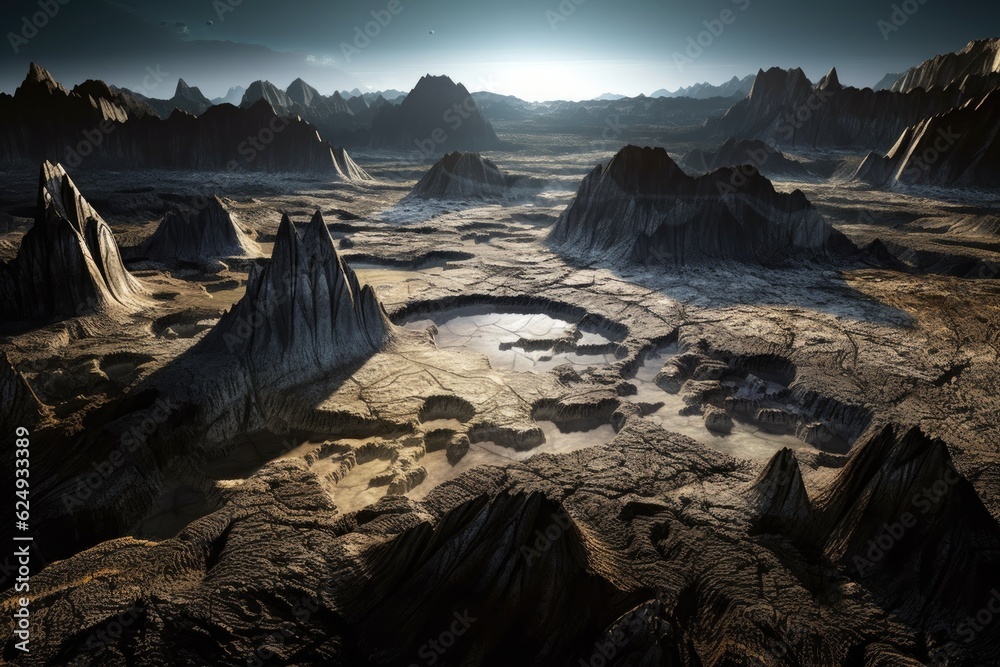 Poster shadow play on a cratered asteroid landscape, created with generative ai