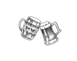 Cheers toast. Beer festival. Vintage Alcoholic. Mug with drink. American banner or poster. Party and holiday. Hand drawn engraved sketch for web, pub menu.