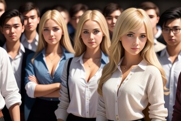 Fototapeta premium Smiling pretty young blonde lady standing among international group of students, wearing graduation costumes and holding diplomas, multiracial graduates having graduation ceremony. Generative AI