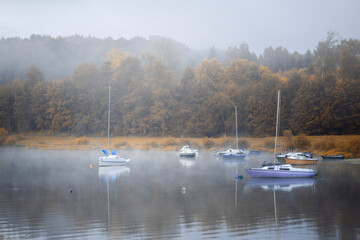 Krajobraz wodny. Poranek i mgła nad jeziorem.