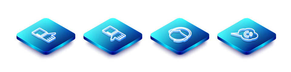 Set Isometric line Hand thumb up, Dislike, Man with headset and Speech bubble phone call icon. Vector