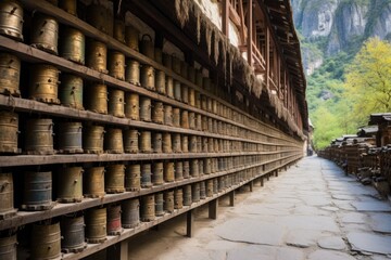 rows of sacred prayer wheels outside a mountain monastery, created with generative ai