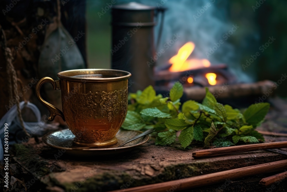 Poster cast iron teapot hanging over a crackling campfire, created with generative ai