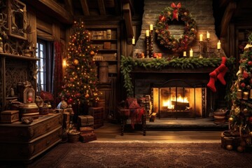 warm fireplace adorned with festive holiday decorations, created with generative ai