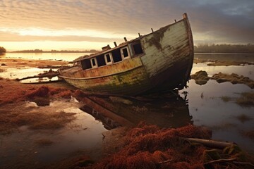 abandoned capsized boat on a shore, created with generative ai