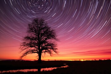 star trails surrounding the silhouette of a lone tree in a field, created with generative ai