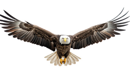 Obraz premium a Bald Eagle (Haliaeetus leucocephalus) in flight, full body frontal view in a Wildlife-themed, photorealistic illustration in a PNG format, cutout, and isolated. Generative AI