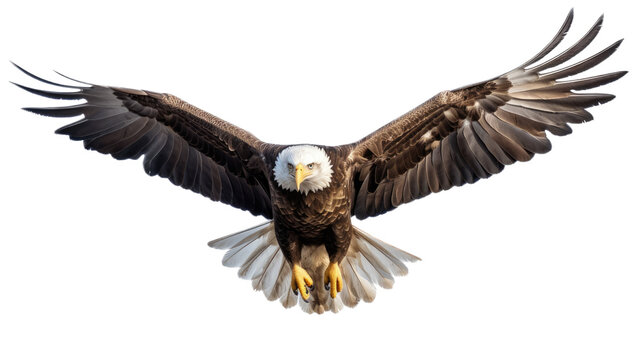 a Bald Eagle (Haliaeetus leucocephalus) in flight, full body frontal view in a  Wildlife-themed, photorealistic illustration in a PNG format, cutout, and isolated. Generative AI