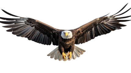 Obraz premium a Bald Eagle (Haliaeetus leucocephalus) in flight, full body frontal view in a Wildlife-themed, photorealistic illustration in a PNG format, cutout, and isolated. Generative AI