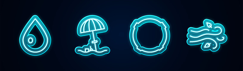 Set line Water drop, Sun protective umbrella for beach, Moon and Wind. Glowing neon icon. Vector