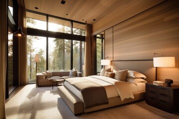 Fototapeta premium luxurious bedroom with wood-paneled walls, plush bedding and floor-to-ceiling windows, created with generative ai