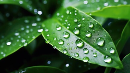 Leaves with waterdrops. Drops of transparent rain water on leaves macro. Generative AI