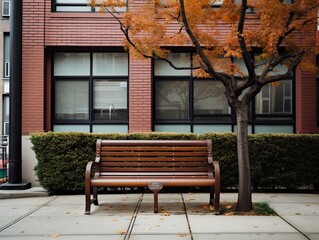 Wooden bench in front of a red brick building and orange tree in the fall