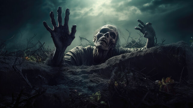 A zombie comes out of his grave at the time of halloween night. Generative AI