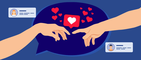 Creative social media concept, hands from the creation of Adam. People bringing likes and reactions to a social media profile with hearts, chat and hands. Vector mural - obrazy, fototapety, plakaty