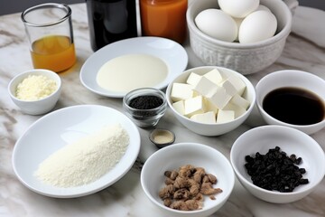 deconstructed recipe ingredients on white plate, with contrasting black and white accents, created with generative ai