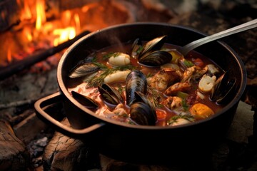 stirring cioppino with a wooden spoon over fire, created with generative ai