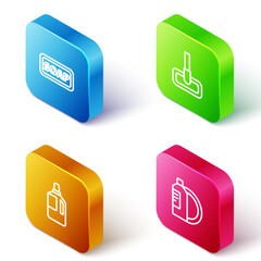 Set Isometric line Bar of soap, Mop, Fabric softener and Dishwashing liquid bottle and plate icon. Vector