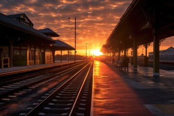Naklejka na ściany i meble sunrise over empty train station platform, created with generative ai