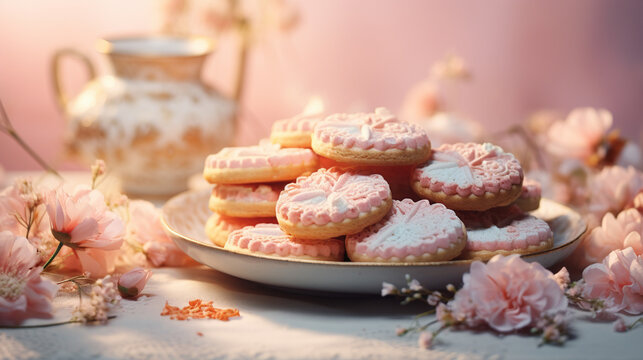 Intricately Decorated Homemade Cookies in Pastel Frosting Tones Against Feminine Pink and Purple Gradient Background - Generative AI