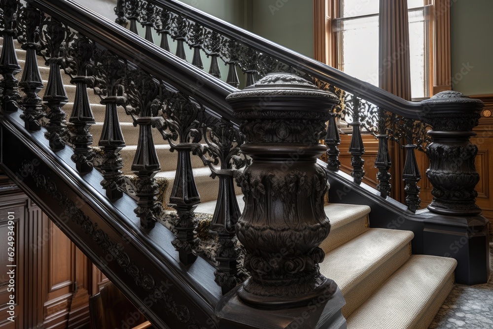 Wall mural detailed view of a staircase with intricate handrails and banisters, created with generative ai