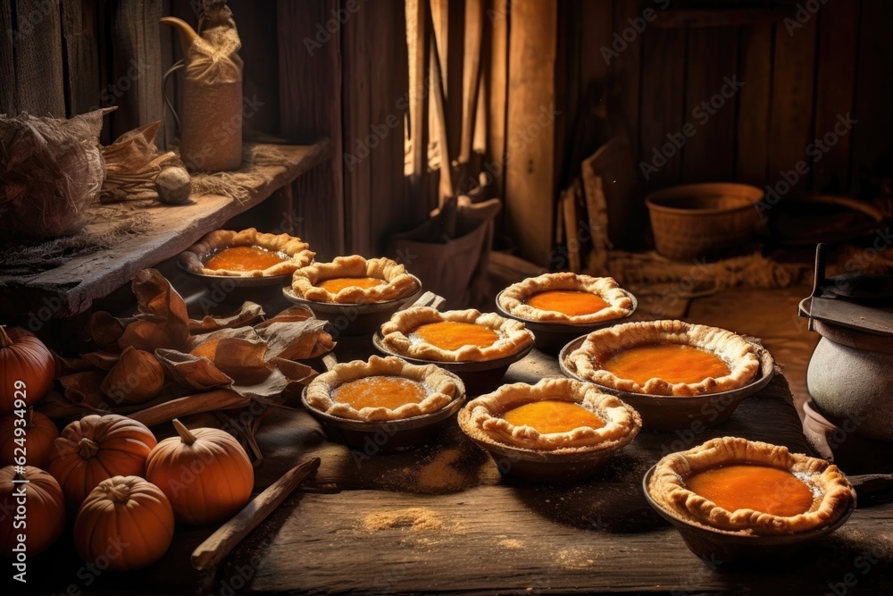 Poster freshly baked pumpkin pies cooling on a rustic wooden table, created with generative ai