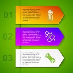 Set line Fitness shaker, Vitamin pill and Chest expander. Business infographic template. Vector