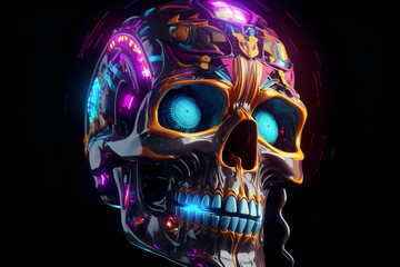 Neon colored metal skull with blue eyes (Generative AI)