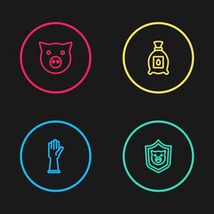 Set line Rubber gloves, Shield with pig, Pack full of seeds of plant and Pig icon. Vector