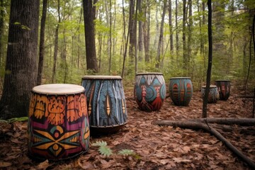 Fototapeta premium painted tribal drums on a forest floor, created with generative ai
