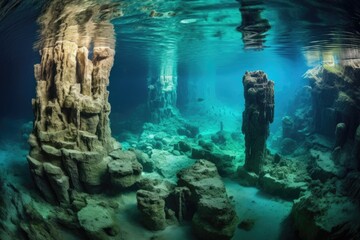wide-angle view of mysterious cave formations underwater, created with generative ai