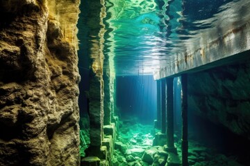 underwater cave passageway with crystal clear water, created with generative ai