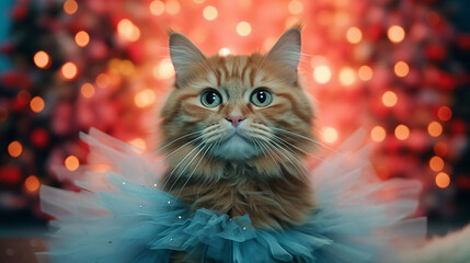Cat sitting on sparkly style background with tutu. 