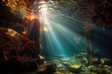 sunlight streaming through underwater cave entrance, created with generative ai