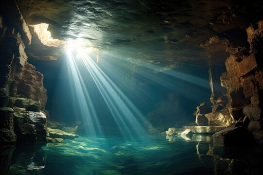 sunlight streaming through underwater cave roof, created with generative ai - Powered by Adobe