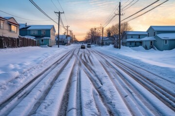 car tracks creating patterns on snowy road, created with generative ai