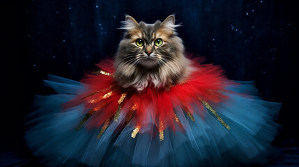 Cat sitting on sparkly style background with tutu. 
